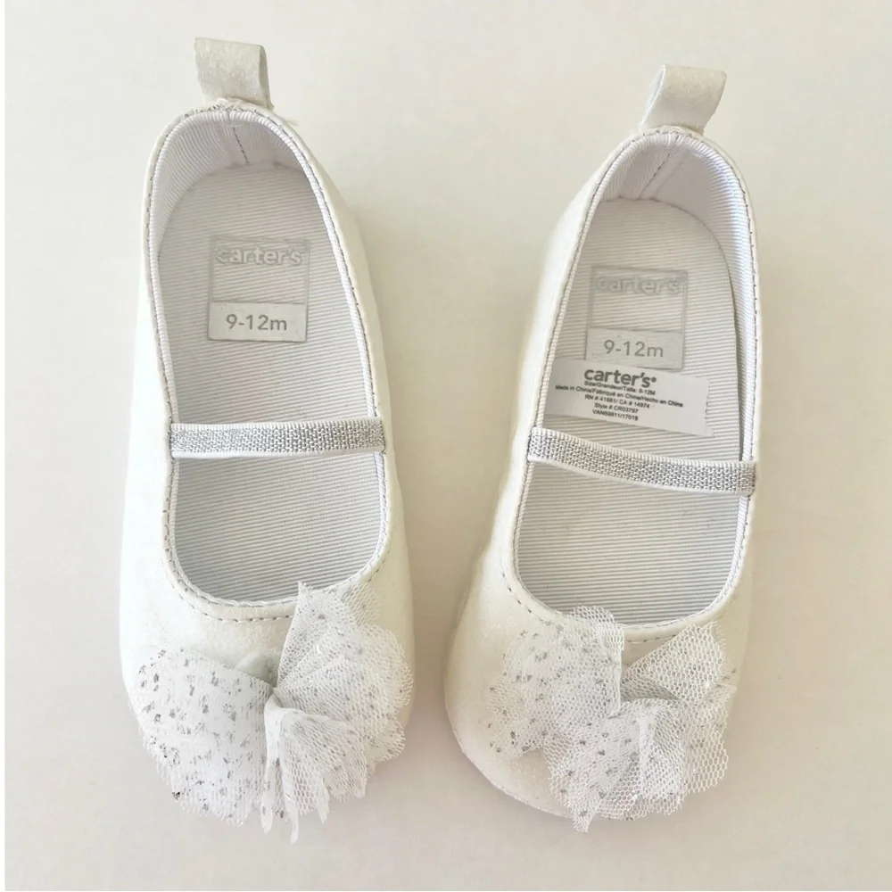 Carter's White Baby Girl Tulle Bow Mary Jane Shoes, Silver Glitter, 9-12 Months